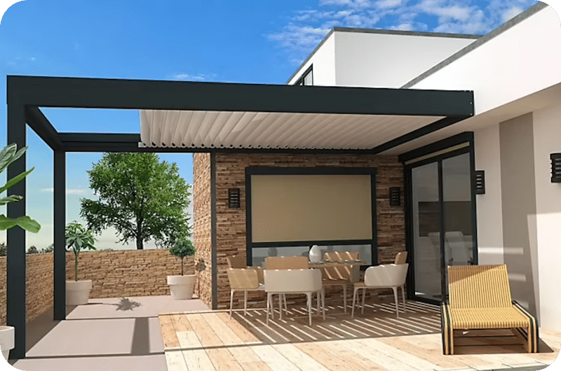 Pergola bioclimatique adossée posée par l'entreprise Solyenergie